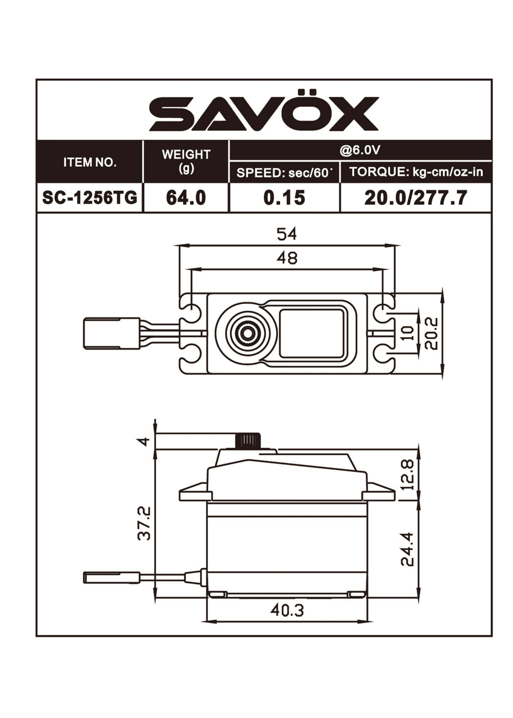 Savox SAVSC1256TG-BE - Black Edition Standard Size Coreless Digital Servo 0.15sec / 277oz @ 6V 2 Savox SAVSC1256TG-BE - Black Edition Standard Size Coreless Digital Servo 0.15sec / 277oz @ 6V - Image 2