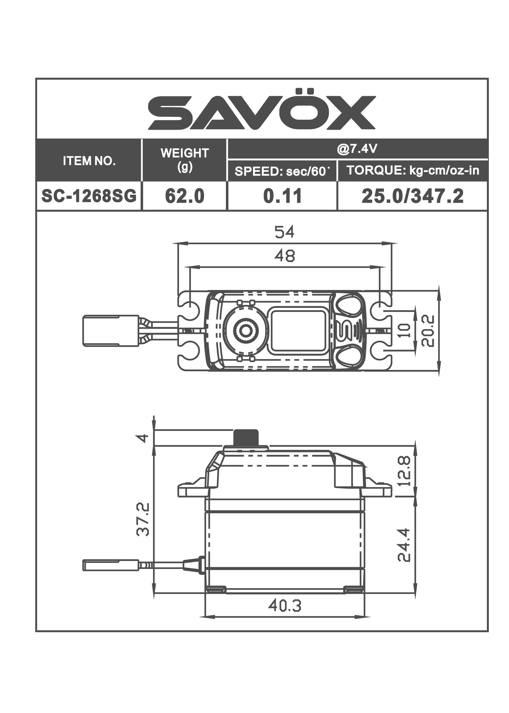 Savox SAVSC1268SG - High Torque Digital Servo 0.11sec / 347oz @7.4V 2 Savox SAVSC1268SG - High Torque Digital Servo 0.11sec / 347oz @7.4V - Image 2